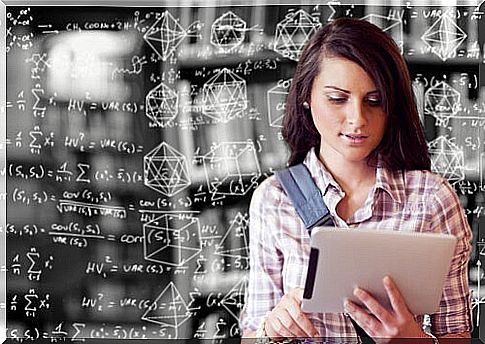 Woman with math program