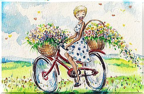 Girl on bicycle smiling