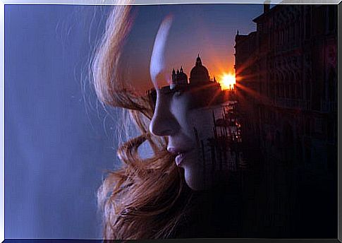 Transparent woman face with sunset of a city